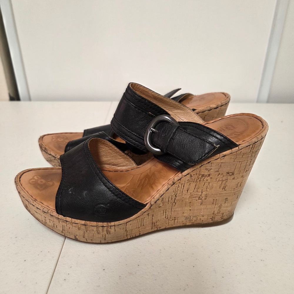 Born W32198 Black Leather Cork Wrap Wedge Sandals Womens 9 40.5 Buckle Strap